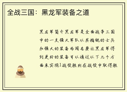 全战三国：黑龙军装备之道